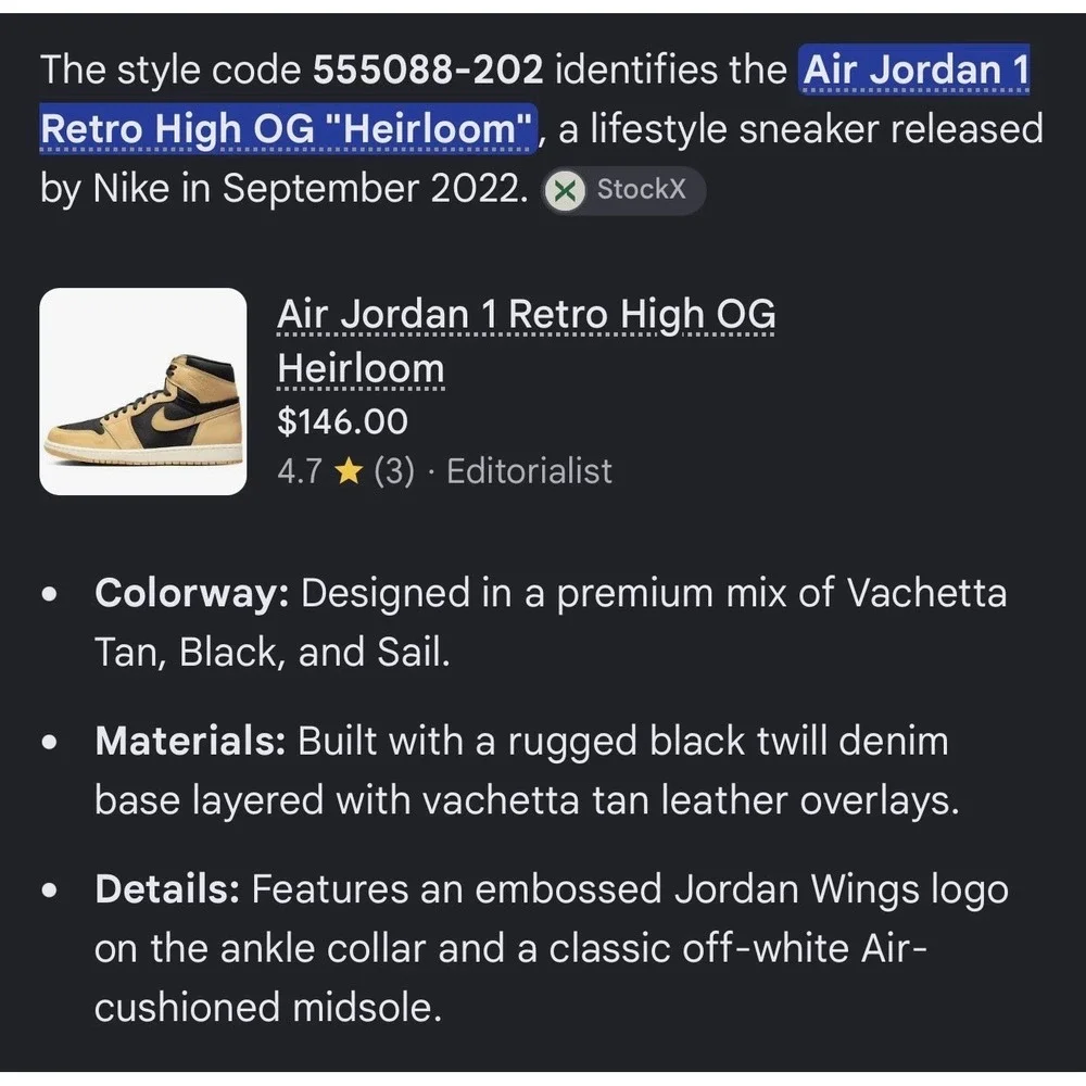 Jordan Air Jordan 1 Retro High OG Heirloom US 11 1/2 EU 45.5 555088 202